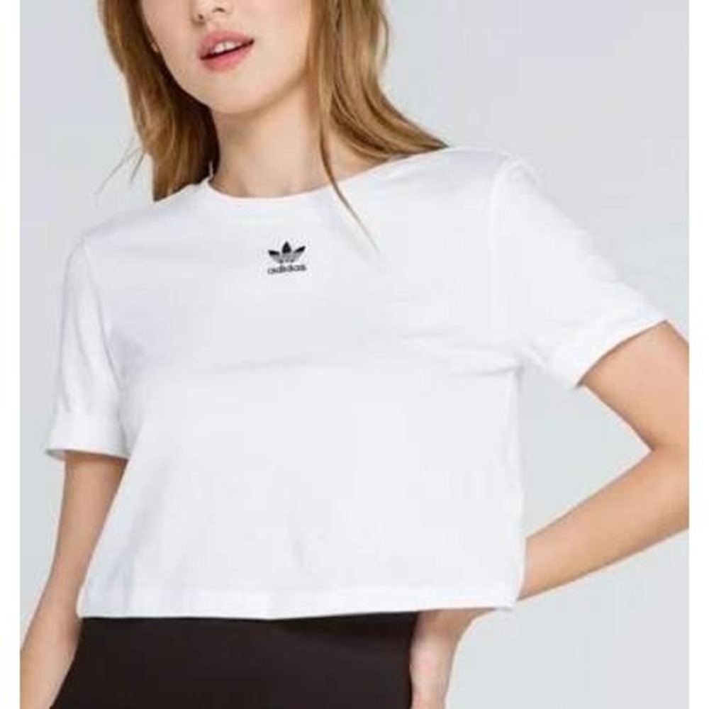 Adidas Adicolor Classics Roll-Up Sleeve Crop Top T-Shirt White Trefoil Logo‎